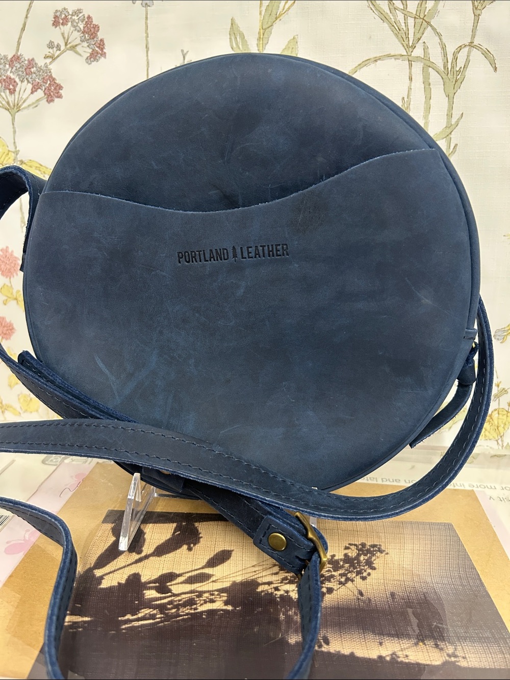 Portland Leather Round Crossbody Bag in Navy